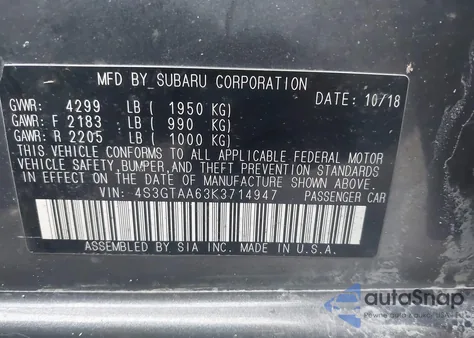 2019 Subaru Impreza 2.0I из США, поврежденный, VIN 4S3GTAA63K3714947